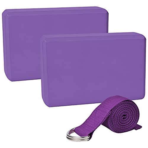 Chstarina Yoga Block 2Er Set mit 1Er 1.8 M Baumwoll Yogagurt,Yogablock aus Eva Schaumstoff Hartschaum Yoga Set Yogaklotz Yoga Gurt Fitness Zubehör Hilfmittel für Yoga und Pilates (Lila)