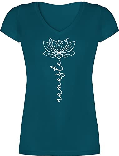 T-Shirt Damen V Ausschnitt - und Wellness Geschenk - Namaste Lotusblüte Yoga Chakra - M - Türkis - shirt kurzarm tshirt Frauen Baumwolle oberteil shirts neck Blumen t yoga-shirt tischört