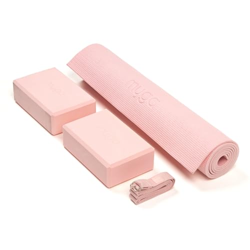 Myga Yoga Starter-Set – Yogamatte, 2 Yoga-Blöcke und Yogagurt – Starter-Set mit Matte, 2 Steinen & Metall-D-Ring-Gürtel für Anfänger in Yoga, Pilates & Fitness (Dusty Pink)