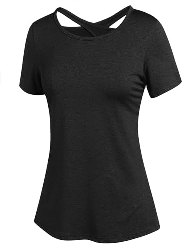 ADOME Damen Sport T-Shirt Kurzarm Sportshirt Funktionsshirt Yoga Shirt Damen Rückenfreies Oberteil Laufshirt Top Sport Shirts Elastisch Schwarz XL