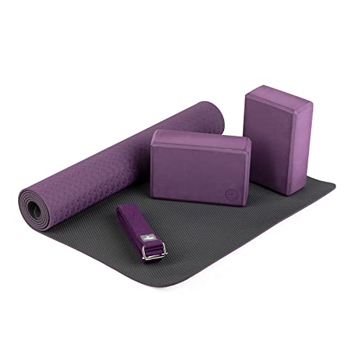 Bodhi Yoga-Set Flow | Set bestehend aus: 1 Yogamatte aus TPE, 2 Yoga-Bricks aus Eva (Moosgummi) und 1 Yoga-Gurt aus Baumwolle | Einsteiger-Set für Yoga-Anfänger (lila)