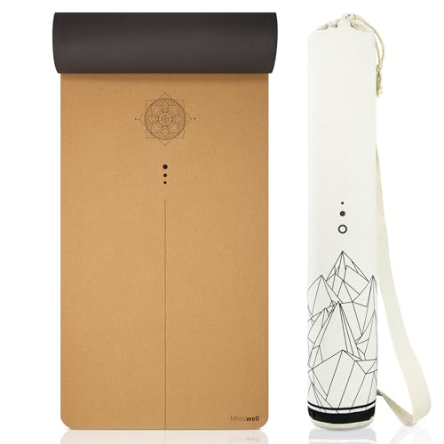 Mosswell Premium Kork-Yogamatte (4mm dick) - Rutschfeste Fitnessmatte mit Hilfslinien - Pilatesmatte + Yogatasche