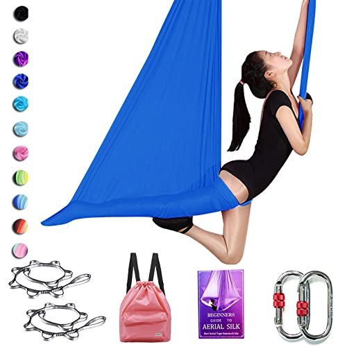 SYCYKA Aerial Silks Starter-Set, 5 m, Yoga-Schaukel für Zuhause, Aerial Yoga, Hängematte, Trapez mit Hardware und Führungsseide für Gymnastikübungen, alle Niveaus (Dunkelblau)