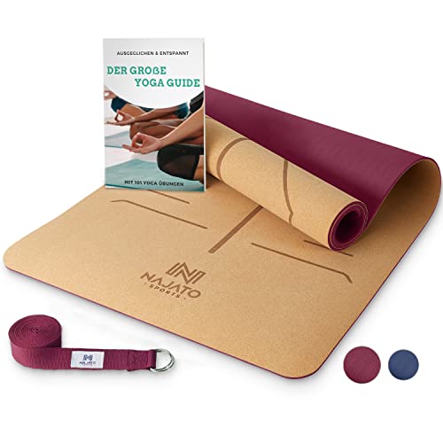 NAJATO Sports Yogamatte Kork – Rutschfeste Kork Yogamatte mit Yoga Gurt, Tragegurt & E-Book (PDF Datei) –...