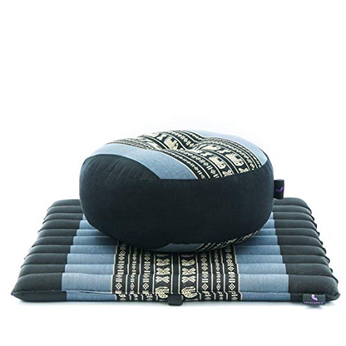 Leewadee Meditationsset Yogaset aus Meditationskissen Zafu und Kleiner rollbarer Sitzmatte Zabuton Ökologisches Naturprodukt, Kapok, Blau