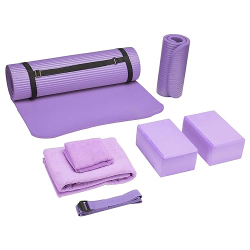 BalanceFrom GoYoga 7-teiliges Set – inklusive Yogamatte mit Tragegurt, 2 Yoga-Blöcken, Yogamatten-Handtuch, Yoga-Gurt und Yoga-Knieschoner (lila, 1,27 cm dicke Matte), violett