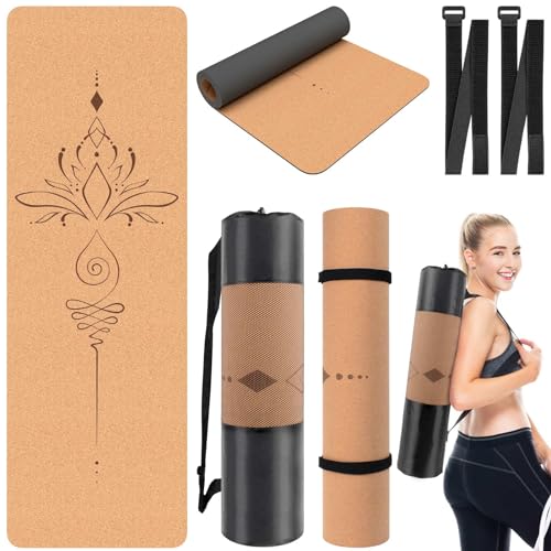 Yogamatte Kork Rutschfest (183x61cm Dicke 0.6cm) - Yoga Matte mit Tragegurt Tasche & 2 Fixiergurt inklusive, Naturkautschuk TPE Sportmatte Fitnessmatte, Trainingsmatte, Pilates Matte, Lotus