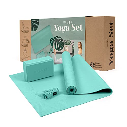 Myga Yoga-Starter-Set – Yogamatte, Yoga-Blöck Ziegel & Metall D-Ring Yoga-Gurt – Starter Kit für Anfänger ideal für Pilates, Yoga, Dehnung, Gesundheit & Fitness (Türkis)