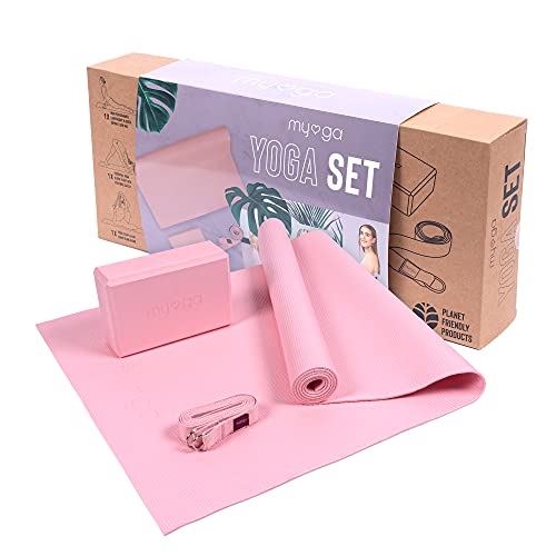 Myga Yoga-Starter-Set – Yogamatte, Yoga-Blöck Ziegel & Metall D-Ring Yoga-Gurt – Starter Kit für Anfänger ideal für Pilates, Yoga, Dehnung, Gesundheit & Fitness (Rosa)