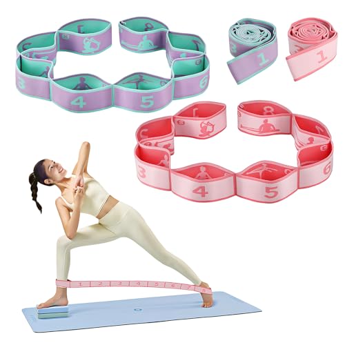 2 Stück Yoga Gurt, Fitnessband mit Schlaufen, Dehnungsband Yoga Zubehör, Stretchband Gymnastikband Elastisch, Yogagurt Gummiband Sport, Hochelastisches Dehnungsband für Yoga Stretching Übung Pilates