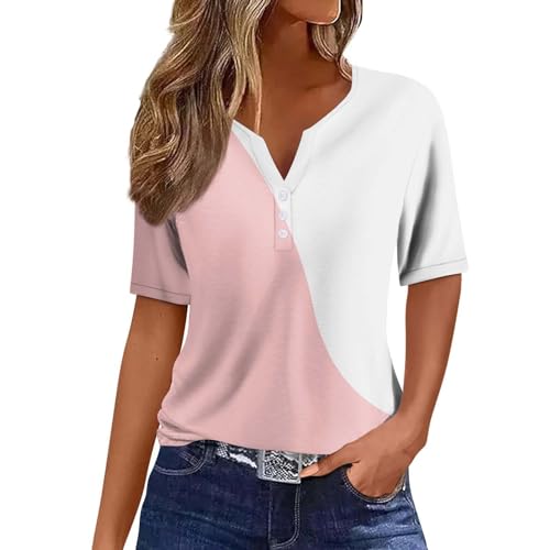 T-Shirts f黵 Frauen lose Passform Farbe Block Kurzarm Blusen Shirts plus Gr鲞e Knopf Up Blusen Shirts, rosa, L