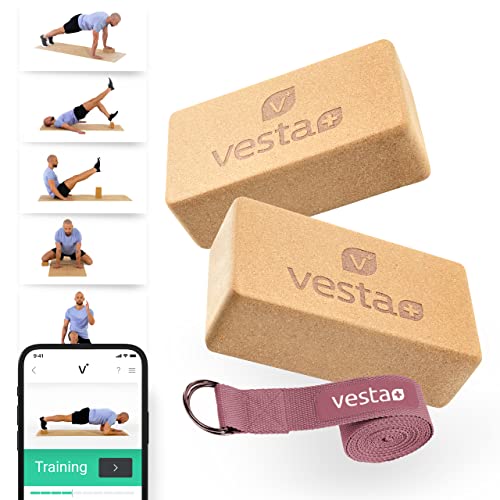 Vesta+ Yogablock Kork + Fitness App, Yoga Block Kork aus ökologischem Naturkork, Dein rutschfester &...