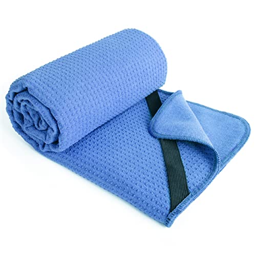 Polyte - Yoga Handtuch aus Mikrofaser mit Rutschfester Silikon Unterfläche und Elastischen Bändern, für Hot Yoga, 61 x 183 cm (Blau)