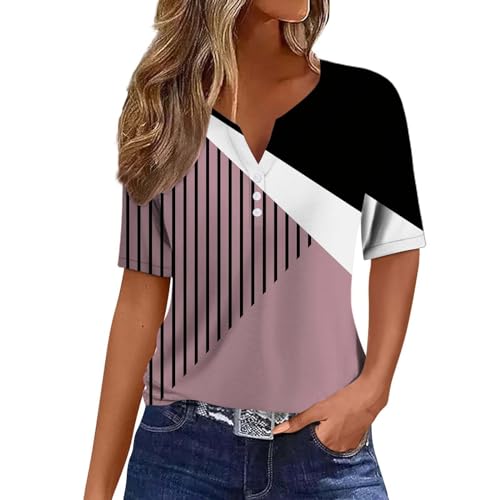 T-Shirts f黵 Frauen lose Passform Farbe Block Button Up Blusen Shirts Knopf Up Alltag Kurzarm T-Shirt, rosa, XL
