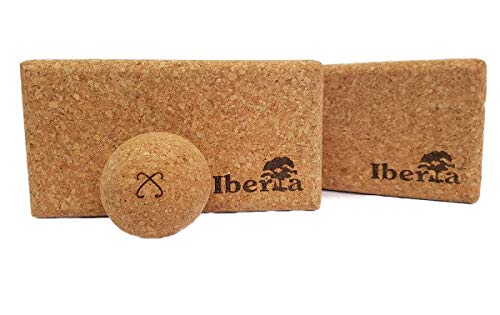 Iberia Yoga Block aus Kork, Fitness 2er Set Blöcke, 1 Massagekugel, Faszienkugel 65 mm Durchmesser aus Kork,...
