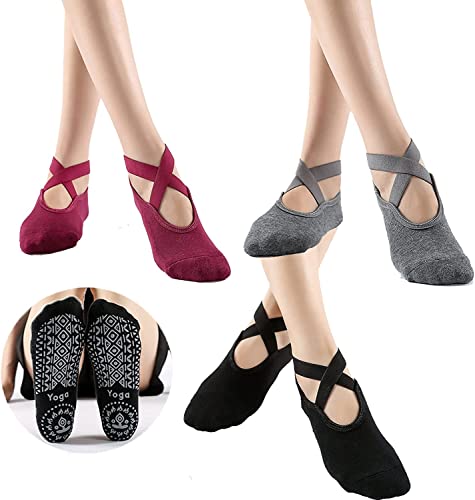 Comius Sharp Yoga Socken, 3 Stück Pilatus-Söckchen, Rutschfeste Socken für Barre-Ballett-Tanz-Barfuß-Training, Schwarz, Grau, Rot