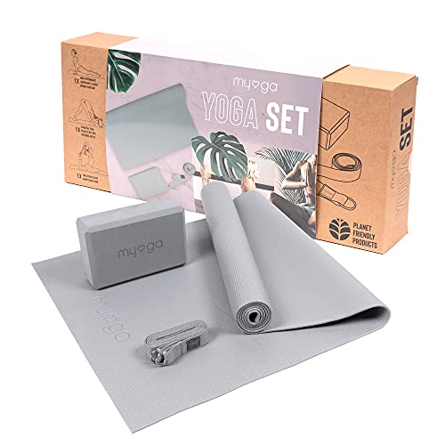 Myga Yoga-Starter-Set – Yogamatte, Yoga-Blöck Ziegel & Metall D-Ring Yoga-Gurt – Starter Kit für Anfänger ideal für Pilates, Yoga, Dehnung, Gesundheit & Fitness (Grau)