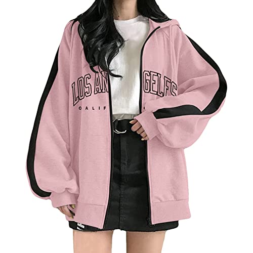 Damen Los Angeles California Graphic Hoodies Trendy Colorblock Patchwork mit Kapuze Pullover Hoodies Coole lockere Passform Reißverschluss Kordelzug Oversized Zipper Sweatshirts mit Designs Niedlich,