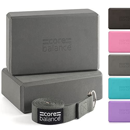 Core Balance Yoga Blocks im Doppelpack & GRATIS Yoga-Gurt, 2 STK. Eva Schaumstoff-Blöcke, robust & leicht, Riemen aus Baumwolle mit innovativem D-Ring Verschluss, ideal für Pilates, 5 versch. Farben