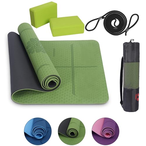 Habib Group Yogamatte Satz inklusive Yogablöcke - Rutschfeste Gepolsterte Trainingsmatte für Fitness Inklusive Yogagurt und Tasche - 2er Set YogaBlöcke für Pilates,Meditation,Erholung - Grün