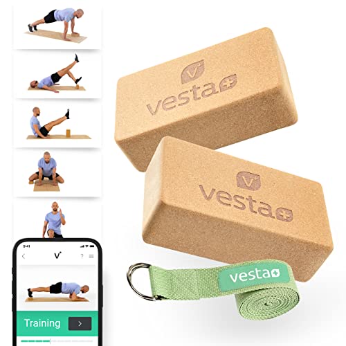 Vesta+ Yogablock Kork + Fitness App, Yoga Block Kork aus ökologischem Naturkork, Dein rutschfester & nachhaltiger Yoga Klotz, Der Fitness Block für das Plus in Deinem Workout.