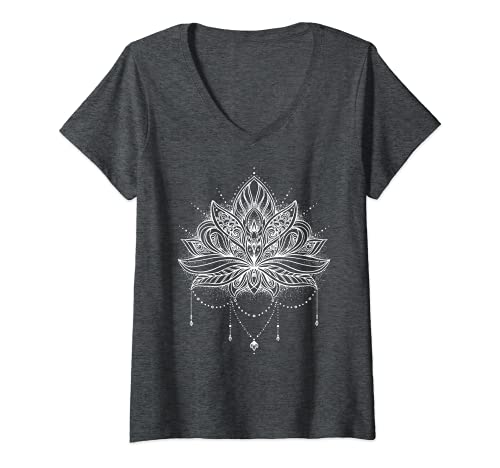 Damen Heilige Geometrie Meditation Positivität Liebe Mandala Lotus T-Shirt mit V-Ausschnitt