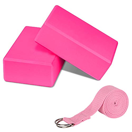 PUDSIRN Yoga-Block-Set, hochdichte EVA-Schaum-Blöcke, rutschfest, mit Yoga-Gurt, Metall-D-Ring zur Verbesserung der Balance und Flexibilität für Yoga, Pilates, Meditation, Rosa, 2 Stück