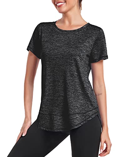 Deaviya Sport T-Shirt Damen, Kurzarmshirt Frauen, Workout Tops Rundhalsausschnitt Athletisch Lässig Laufen Yoga Fitness T-Shirts Locker Seite Split Tee