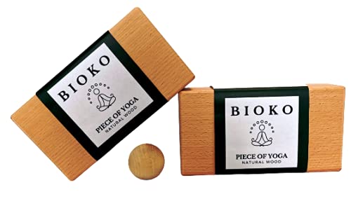 BIOKO Yoga Block 2er Set + Massageball - ökologisch Yoga Klotz aus Buche 100% Natur - Yogaklotz für Yoga Anfänger und Fortgeschrittene Meditiation Pilates - Fitness Zubehör Hilfmittel, ECO und BIO