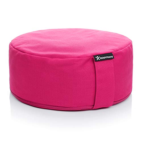 BODYMATE Yogakissen rund 31cm Durchmesser 13cm hoch Pink mit Buchweizen-Spelz Füllung – Maschinenwaschbarer...