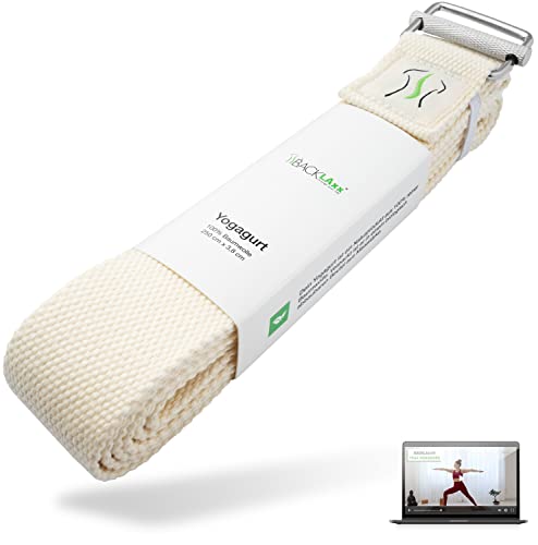 BACKLAXX ® Yoga Gurt Baumwolle (natur) – Nachhaltiges Yoga Zubehör Set, Yogagurt 250 cm lang mit...