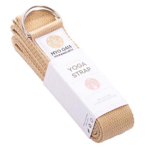 MYO GAIA Langlebiges Baumwoll-Yogaband in der Größe 250x3,8cm, vielseitiges Yoga-Zubehör für Stretching und Fitness, mit einer Metall-Schiebeschnalle. (Helles Khaki)