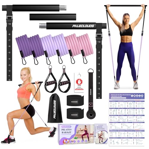 Pilates Stange, Pilates Bar Set mit 3 Paar Widerstandsbänder(20/25/30Lbs), Metall-Einstellung Schnalle & Ausbildung Poster, Pilates Skulptur Fitness Stange for Home Gym Workout Equipment(Frauen)