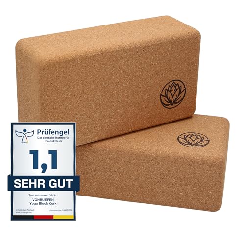 Yoga Block 2er Set VonBueren | Yoga Blöcke aus Kork | 22 x 12 x 7,5 cm je Yogablock | Yoga Klotz für Damen und Herren | Yogaklötze | Yogablöcke