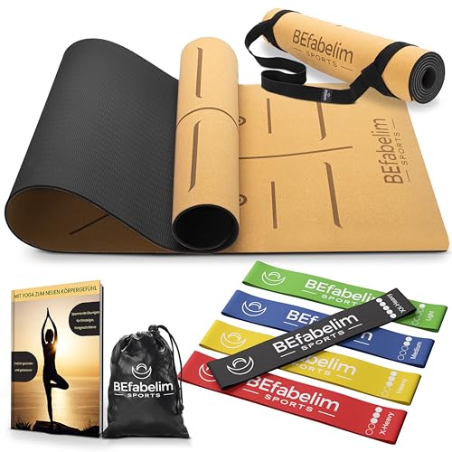 BEfabelim® Rutschfeste Yogamatte Aus Kork & TPE, Inkl. Fitnessbänder 5er Set, Tragegurt & E-Book, 6mm Dicke, Extra Breit, Nachhaltige Yoga Matte Für Fitness, Gymnastik, Pilates 183 x 66 x 0,6 cm