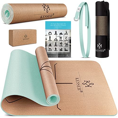 KESSER® Yogamatte Kork Inkl. Tragegurt Tasche & Yoga-Block Gymnastikmatte Matte rutschfest aus Naturkautschuk TPE Fitnessmatte, 183 x 62 Trainingsmatte für Fitness Sportmatte, Gymnastik extradick