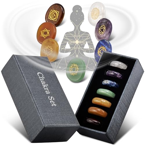 PURAJA Premium Chakra Set mit den 7 wichtigsten Edelsteinen | Heilsteine Set aus echten Edelsteinen | Chakren Steine mit eingravierten Symbolen | Handgefertigte Heilsteine für Meditation