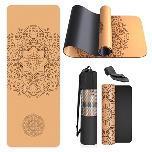 Yogamatte, rutschfest, einzigartiges Design, natürlicher Kork, TPE-Material, Fitness-Trainingsmatte mit Tragetasche und Gurt, für Zuhause, Pilates, Aerobic Fitnessstudio und Workout (183 x 61 cm)