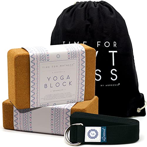 aGreenie Yoga Block aus Kork + Yoga Gurt / 2er Set Yoga Klotz 100% Naturprodukt mit Yogagurt/inkl. Rucksack & Übungsanleitung/Yogablock Kork Größe M 7,5x15x23cm