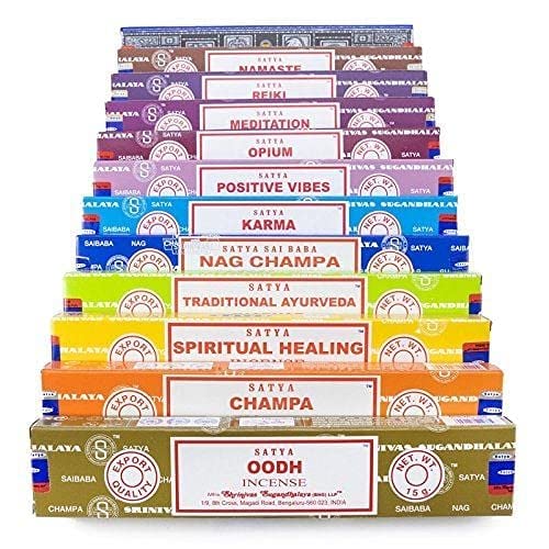 Satya Räucherstäbchen-Set, 12 x 15 g, beinhaltet: Nag, Super Hit, Oodh, Positive Vibes, Namaste, Champa, Opium, Reiki, Spirituelle Heilung, Karma, traditionelles Ayurveda und Meditation