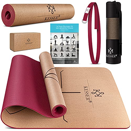 KESSER® Yogamatte Kork Inkl. Tragegurt Tasche & Yoga-Block Gymnastikmatte rutschfest aus Naturkautschuk TPE...