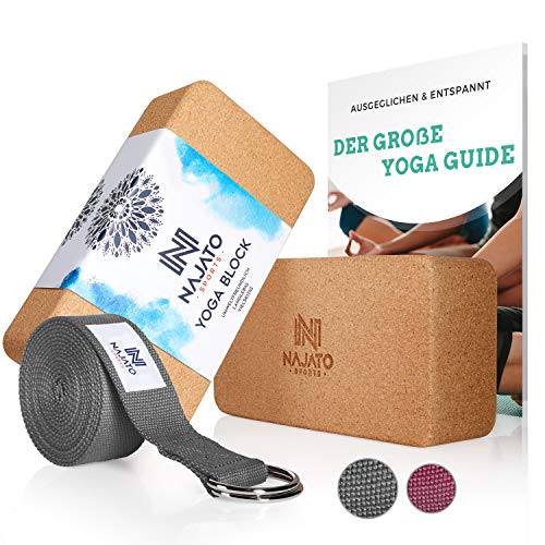 NAJATO Sports Yoga Block Kork 2er Set – Wahlweise mit Yoga Gurt – Yoga Klotz inkl. E-Book (PDF Datei) – Yogaklotz für Yoga und Pilates – Yogablock aus natürlichem Kork