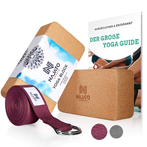 NAJATO Sports Yoga Block Kork 2er Set – Wahlweise mit Yoga Gurt – Yoga Klotz inkl. E-Book (PDF Datei) –...