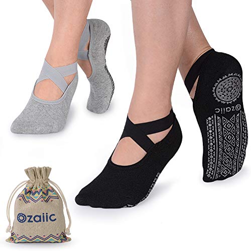 Ozaiic Yoga Socken rutschfeste für Damen für Pilates, Barre, Ballett, Tanz (EUR 35-41, 2 Paar - Schwarz und Grau)