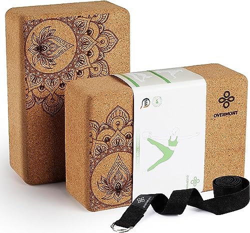 Overmont Yogablöcke Kork 2er Set Yogaklotz - Yoga Block mit Yoga Gurt - Korkblock für Fitness Pilates Stretching und Meditation